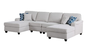 Leo Light Gray Linen Double Chaise 4Pc Modular Sectional Sofa