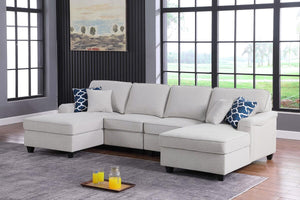 Leo Light Gray Linen Double Chaise 4Pc Modular Sectional Sofa