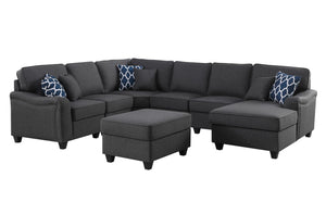 Leo Dark Gray Linen 7Pc Modular L-Shape Sectional Sofa Chaise and Ottoman