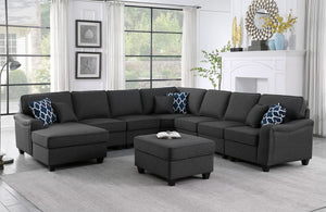 Leo Dark Gray Linen 8Pc Modular L-Shape Sectional Sofa Chaise and Ottoman