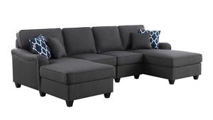 Leo Dark Gray Linen Double Chaise 4Pc Modular Sectional Sofa