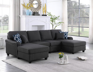 Leo Dark Gray Linen Double Chaise 4Pc Modular Sectional Sofa