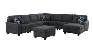 Leo Dark Gray Linen 8Pc Modular L-Shape Sectional Sofa Chaise and Ottoman