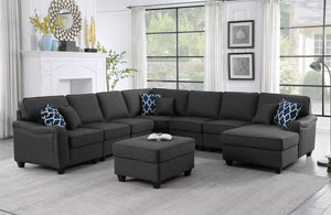 Leo Dark Gray Linen 8Pc Modular L-Shape Sectional Sofa Chaise and Ottoman