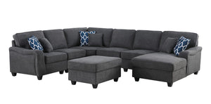 Leo Dark Gray Woven 7Pc Modular L-Shape Sectional Sofa Chaise and Ottoman