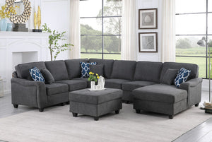 Leo Dark Gray Woven 7Pc Modular L-Shape Sectional Sofa Chaise and Ottoman