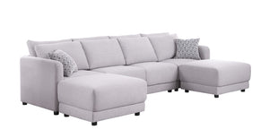 Penelope Light Gray Linen Fabric 4-Seater Sofa with 2 Ottoman and Pillows