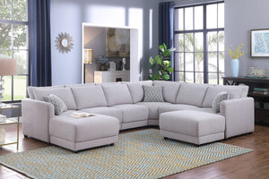 Penelope Light Gray Linen Fabric Reversible 8PC Modular Sectional Sofa with Ottomans and Pillows