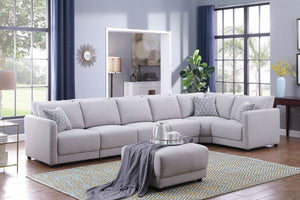 Penelope Light Gray Linen Fabric Reversible 7PC Modular Sectional Sofa with Ottoman and Pillows