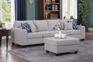 Cooper Light Gray Linen 4-Seater Sofa with Ottoman and Cupholder