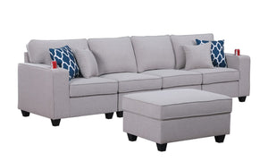 Cooper Light Gray Linen 4-Seater Sofa with Ottoman and Cupholder