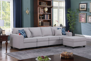 Cooper Light Gray Linen 4-Seater Sofa with Ottoman and Cupholder