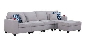 Cooper Light Gray Linen 4-Seater Sofa with Ottoman and Cupholder