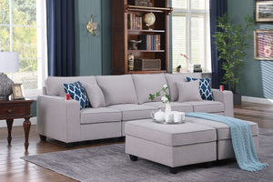 Cooper Light Gray Linen 4-Seater Sofa with 2 Ottomans and Cupholder