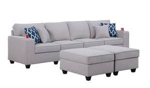 Cooper Light Gray Linen 4-Seater Sofa with 2 Ottomans and Cupholder