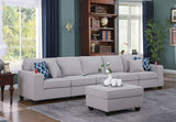 Cooper Light Gray Linen 5-Seater Sofa with Ottoman and Cupholder