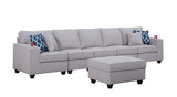 Cooper Light Gray Linen 5-Seater Sofa with Ottoman and Cupholder