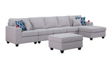 Cooper Light Gray Linen 6Pc Sectional Sofa Chaise with Ottoman and Cupholder