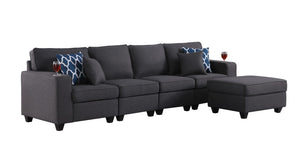 Cooper Dark Gray Linen 4-Seater Sofa with Ottoman and Cupholder