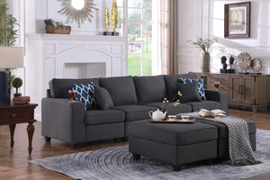 Cooper Dark Gray Linen 4-Seater Sofa with 2 Ottomans and Cupholder