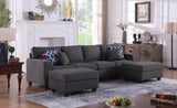 Cooper Dark Gray Linen 4-Seater Sofa with 2 Ottomans and Cupholder