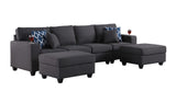 Cooper Dark Gray Linen 4-Seater Sofa with 2 Ottomans and Cupholder