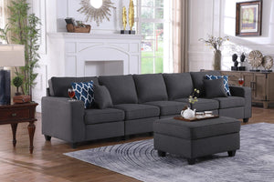 Cooper Dark Gray Linen 5-Seater Sofa with Ottoman and Cupholder