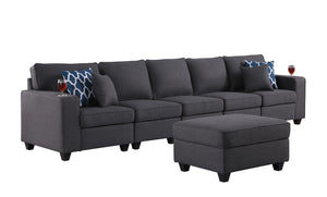 Cooper Dark Gray Linen 5-Seater Sofa with Ottoman and Cupholder