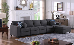 Cooper Dark Gray Linen 5-Seater Sofa with Ottoman and Cupholder