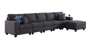 Cooper Dark Gray Linen 5-Seater Sofa with Ottoman and Cupholder