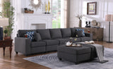 Cooper Dark Gray Linen 5-Seater Sofa with 2 Ottomans and Cupholder