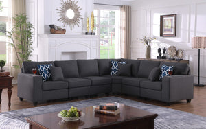 Cooper Dark Gray Linen 6Pc Reversible L-Shape Sectional Sofa with Cupholder