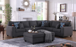 Cooper Dark Gray Linen 8Pc Reversible L-Shape Sectional Sofa with Ottomans and Cupholder