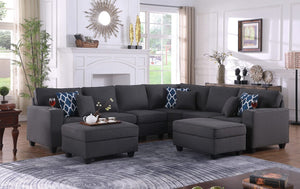 Cooper Dark Gray Linen 8Pc Reversible L-Shape Sectional Sofa with Ottomans and Cupholder