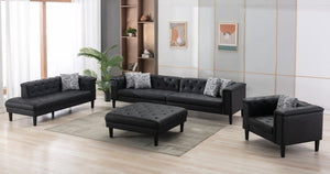 Sarah Black Vegan Leather Tufted Sofa Chaise Chair Ottoman Living Room Set With 6 Accent Pillows