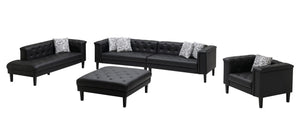 Sarah Black Vegan Leather Tufted Sofa Chaise Chair Ottoman Living Room Set With 6 Accent Pillows