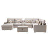 Nolan Beige Linen Fabric 8Pc Reversible Chaise Sectional Sofa with Interchangeable Legs, Pillows, Storage Ottoman, and a USB, Charging Ports, Cupholders, Storage Console Table