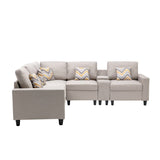 Nolan Beige Linen Fabric 6Pc Reversible Sectional Sofa with a USB, Charging Ports, Cupholders, Storage Console Table and Pillows and Interchangeable Legs