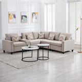 Nolan Beige Linen Fabric 6Pc Reversible Sectional Sofa with a USB, Charging Ports, Cupholders, Storage Console Table and Pillows and Interchangeable Legs