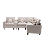 Nolan Beige Linen Fabric 6Pc Reversible Sectional Sofa with a USB, Charging Ports, Cupholders, Storage Console Table and Pillows and Interchangeable Legs