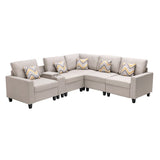 Nolan Beige Linen Fabric 6Pc Reversible Sectional Sofa with a USB, Charging Ports, Cupholders, Storage Console Table and Pillows and Interchangeable Legs