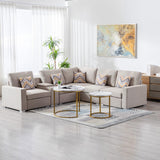 Nolan Beige Linen Fabric 6Pc Reversible Sectional Sofa with a USB, Charging Ports, Cupholders, Storage Console Table and Pillows and Interchangeable Legs