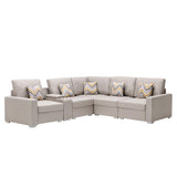 Nolan Beige Linen Fabric 6Pc Reversible Sectional Sofa with a USB, Charging Ports, Cupholders, Storage Console Table and Pillows and Interchangeable Legs