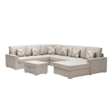 Nolan Beige Linen Fabric 7Pc Reversible Chaise Sectional Sofa with Interchangeable Legs, Pillows and Storage Ottoman