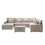 Nolan Beige Linen Fabric 7Pc Reversible Chaise Sectional Sofa with Interchangeable Legs, Pillows and Storage Ottoman