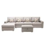 Nolan Beige Linen Fabric 5Pc Reversible Sofa Chaise with Interchangeable Legs, Storage Ottoman, and Pillows