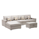 Nolan Beige Linen Fabric 5Pc Reversible Sofa Chaise with Interchangeable Legs, Storage Ottoman, and Pillows