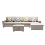 Nolan Beige Linen Fabric 5Pc Reversible Sofa Chaise with Interchangeable Legs, Storage Ottoman, and Pillows