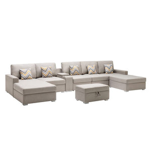 Nolan Beige Linen Fabric 7Pc Double Chaise Sectional Sofa with Interchangeable Legs, Storage Ottoman, Pillows, and a USB, Charging Ports, Cupholders, Storage Console Table