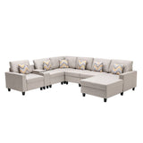 Nolan Beige Linen Fabric 7Pc Reversible Chaise Sectional Sofa with a USB, Charging Ports, Cupholders, Storage Console Table and Pillows and Interchangeable Legs